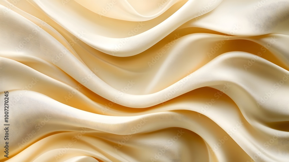 A close-up of the folds in cream-colored silk fabric, creating an elegant and luxurious background A close-up of the folds in cream-colored silk fabric, creating an elegant and luxurious background