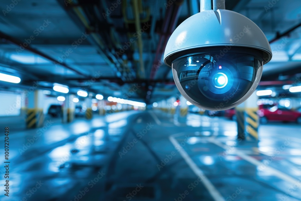A surveillance camera mounted on the ceiling of a parking garage, providing security and monitoring A surveillance camera mounted on the ceiling of a parking garage, providing security and monitoring