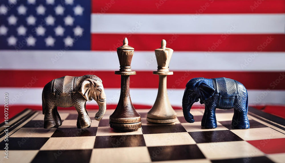 Naklejka premium political chess game with elephant pieces and american flag