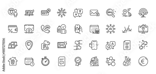 Phone photo, Fingerprint access and Parking security line icons pack. AI, Question and Answer, Map pin icons. Comments, Incubator, Home facility web icon. Vector