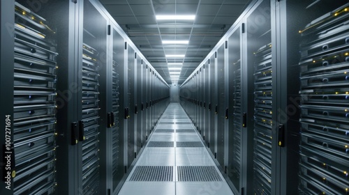 Rows of servers in a data center, suitable for tech-related concepts and presentations