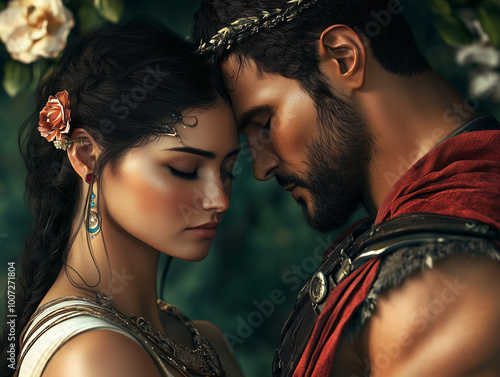 Man and woman in Greek attire, romantic mood, showcasing intimate connection amidst floral backdrop