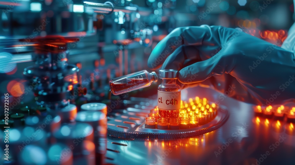 Hand in medical gloves takes vial with medicine from the production line at factory for health care product Hand in medical gloves takes vial with medicine from the production line at factory for health care product