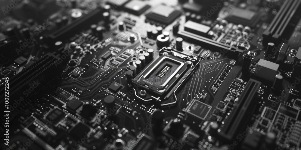 A close-up view of a computer motherboard, highlighting its components and circuitry A close-up view of a computer motherboard, highlighting its components and circuitry