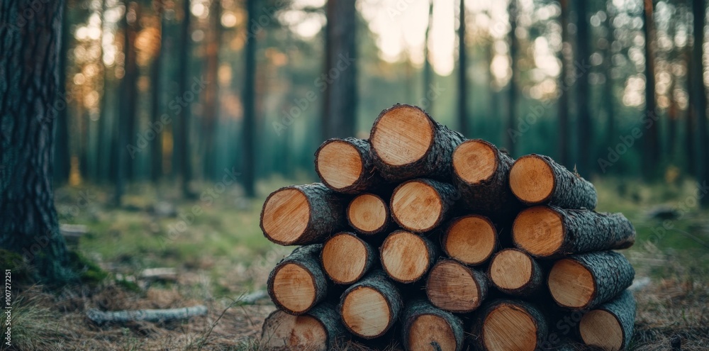 pile of cut wood, in a deforested area with a blurred forest background, depicting the concept of global warming. Concept Environmental Destruction, Impact of Deforestation, Climate Change, pile of cut wood, in a deforested area with a blurred forest background, depicting the concept of global warming. Concept Environmental Destruction, Impact of Deforestation, Climate Change,