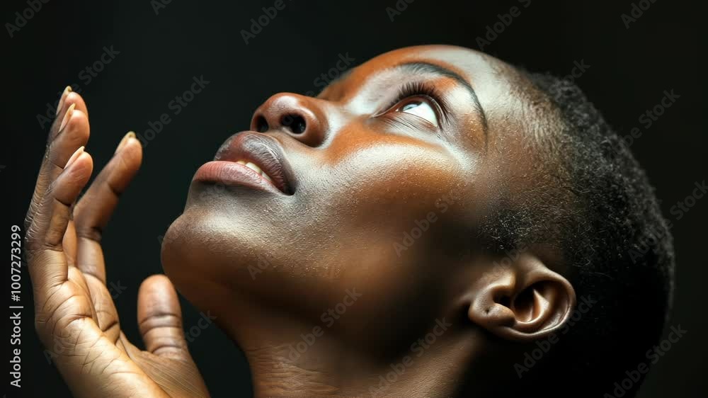 A woman looks upward with her hand outstretched, captured against a dark backdrop