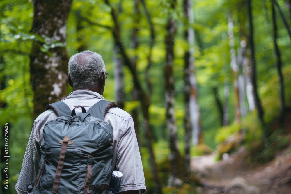 A person walking through dense forest with a backpack, great for outdoor and adventure scenes A person walking through dense forest with a backpack, great for outdoor and adventure scenes