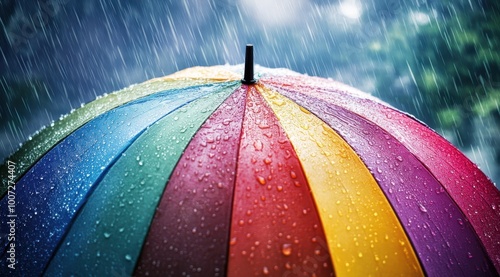 Rainy day with a colorful umbrella, vibrant colors of the rainbow, raindrops on an open, multicolored umbrella, a shot from behind showing water droplets in various shades of red, yellow, blue, green photo