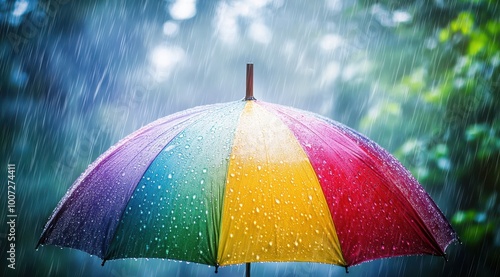 Rainy day with a colorful umbrella, vibrant colors of the rainbow, raindrops on an open, multicolored umbrella, a shot from behind showing water droplets in various shades of red, yellow, blue, green photo