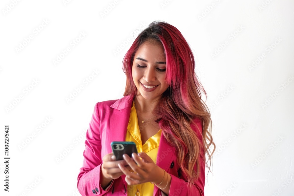 A woman looks at her cell phone while standing outdoors, possibly waiting for someone