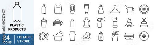 Plastic products. Linear icon collection. Editable stroke. Vector illustration
