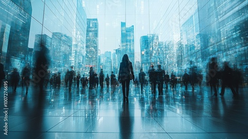 CCTV captures busy office employees navigating a modern skyscraper on a bustling weekday morning