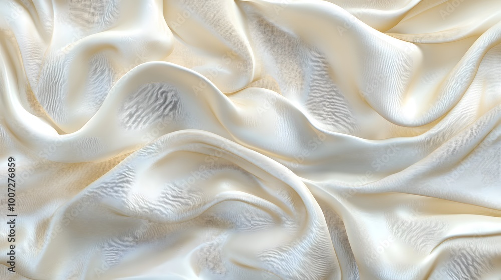 A close-up of the folds in cream-colored silk fabric, creating an elegant and luxurious background A close-up of the folds in cream-colored silk fabric, creating an elegant and luxurious background