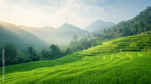 Lush green rice terraces under a misty morning sky