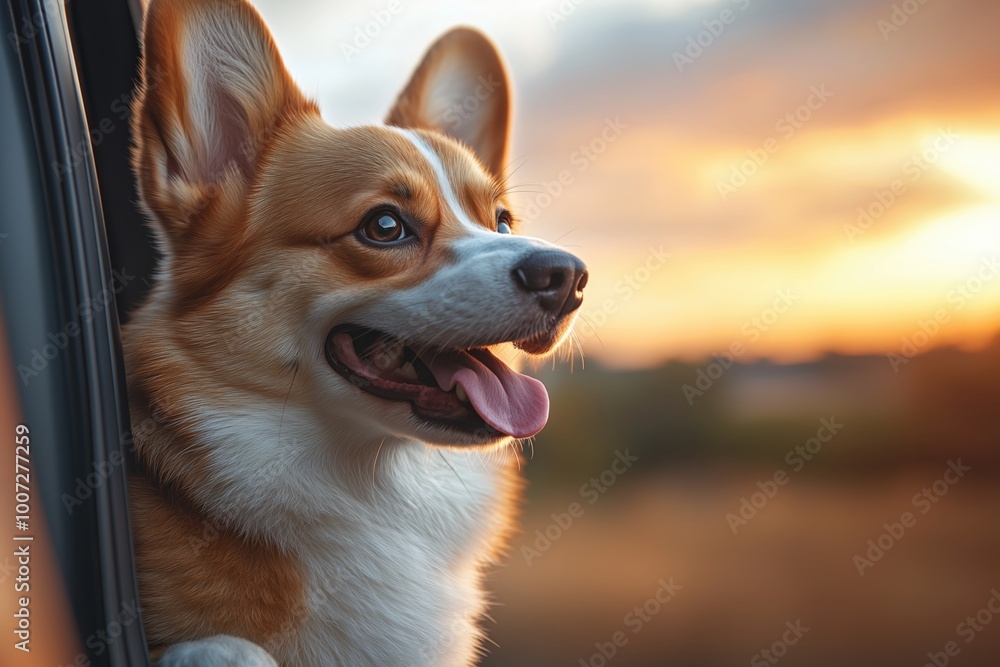 Happy Corgi enjoying a summer car ride while watching the sunset on vacation Happy Corgi enjoying a summer car ride while watching the sunset on vacation