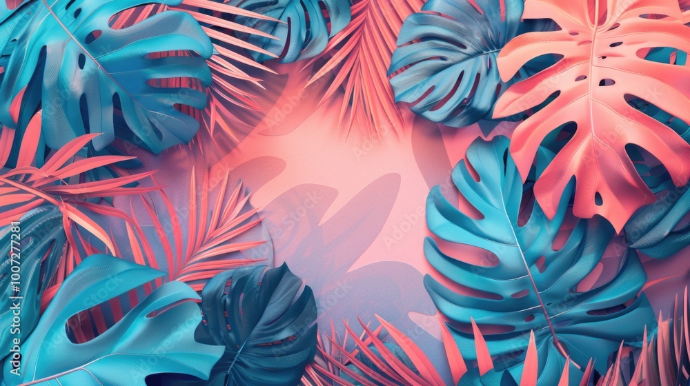 A colorful arrangement of tropical leaves on a vibrant pink and blue background, perfect for adding a pop of color to your design or decoration A colorful arrangement of tropical leaves on a vibrant pink and blue background, perfect for adding a pop of color to your design or decoration