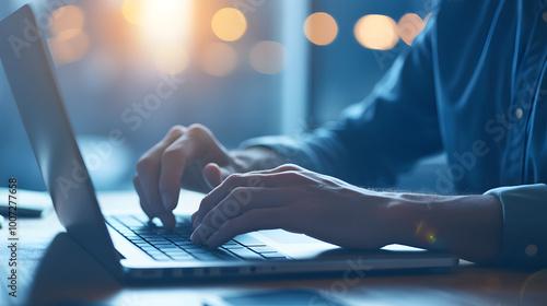 A Focused Individual Utilizing a Dell Laptop in a Modern Workspace to Enhance Creativity and Productivity