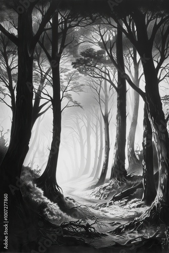 Mysterious foggy forest with copy space, black white vertical illustration photo