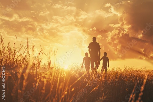 A father and his two children standing together in a sunny field during sunset