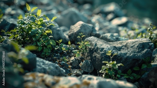 A detailed view of rocks and vegetation in an open field