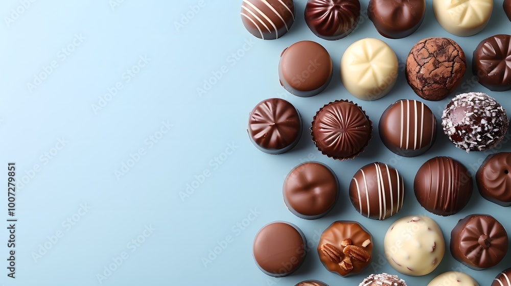 Assorted chocolate truffles arranged on a light blue background. Flat lay with copy space. Designed for dessert banners, gourmet marketing, and luxury chocolate concepts. Assorted chocolate truffles arranged on a light blue background. Flat lay with copy space. Designed for dessert banners, gourmet marketing, and luxury chocolate concepts.