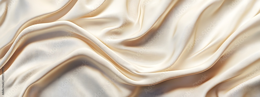 A close-up of the folds in cream-colored silk fabric, creating an elegant and luxurious background A close-up of the folds in cream-colored silk fabric, creating an elegant and luxurious background