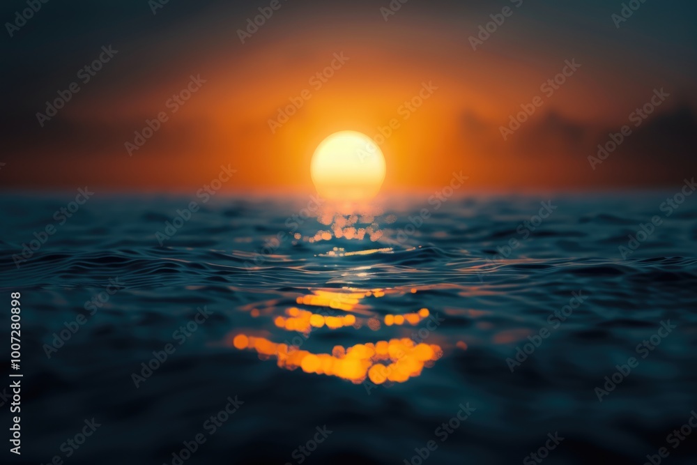 Obraz premium Out of focus sun setting over the ocean glowing orange with dark blue background