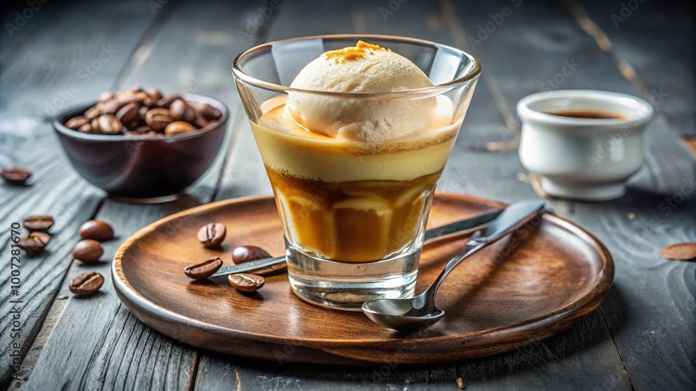 Classic affogato with espresso poured over vanilla gelato, Italian dessert treat. Classic affogato with espresso poured over vanilla gelato, Italian dessert treat.