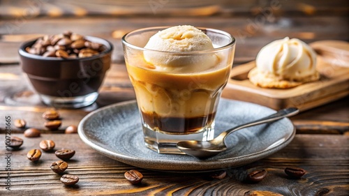 Classic affogato with espresso poured over vanilla gelato, Italian dessert treat.