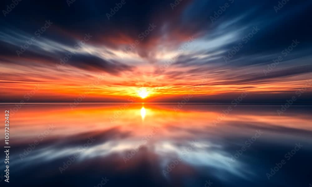 Sun Setting Over Calm Water With Dramatic Sky Sun Setting Over Calm Water With Dramatic Sky