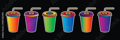 Fast food plastic cup with straw. Hot or cold drink. Original vector illustration in vintage style.