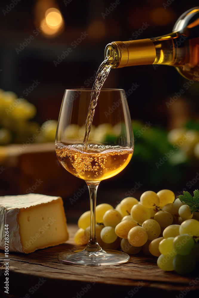 Obraz premium Minimalist wine pouring shot with cheese and grapes in a dark background