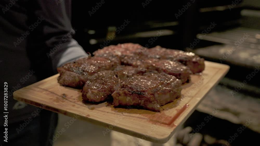 Juicy steak getting grilled and sliced Juicy steak getting grilled and sliced