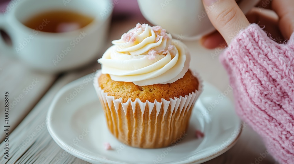 Enjoying a delicious cupcake with frosting and a warm cup of tea on a cozy afternoon