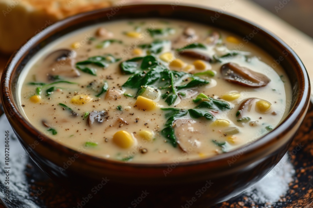Hearty mushroom and spinach chowder served with fresh corn on a rustic wooden table Hearty mushroom and spinach chowder served with fresh corn on a rustic wooden table