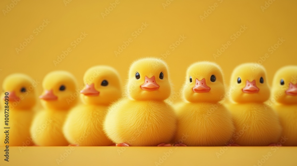 A group of baby ducks are standing in a row on a yellow background