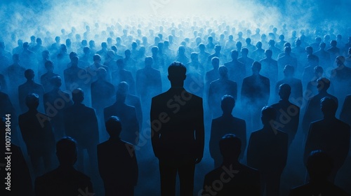 A man stands in front of a crowd of people, looking up at the sky