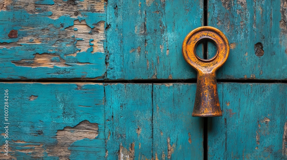 A rusty key is stuck in a blue wooden door