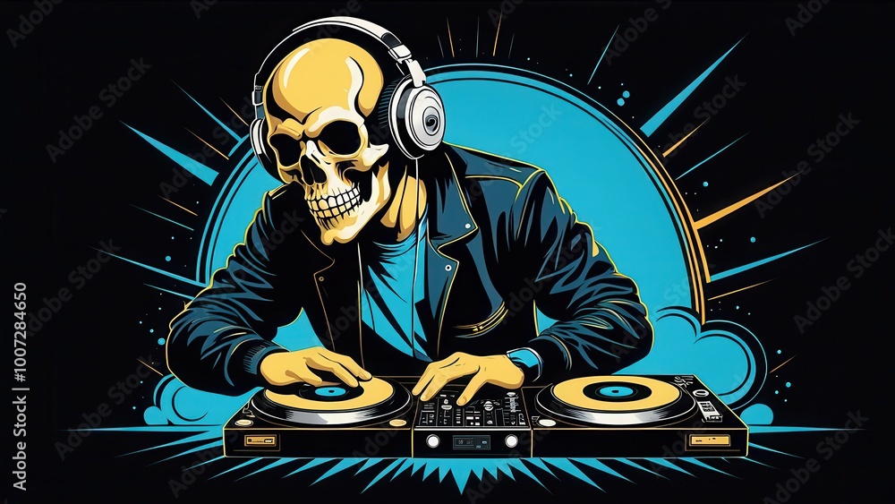 A stylized skeleton DJ mixing music at turntables with vibrant colors and a dynamic background. A stylized skeleton DJ mixing music at turntables with vibrant colors and a dynamic background.