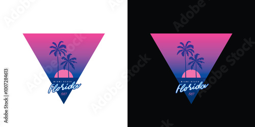 Hand drawn, not by AI! Original vector retro print. Palm trees on sunset background. T-shirt design.