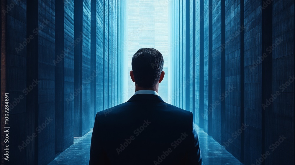 A man in a suit is standing in a long hallway with a blue background A man in a suit is standing in a long hallway with a blue background
