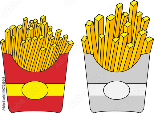 vector french fries potato in red and gray paper icon isolated on white background. delicious fast food symbol. fried potato crispy and long slices unhealthy food snack