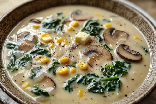 Indulge in a creamy mushroom and spinach chowder brimming with flavor and freshness