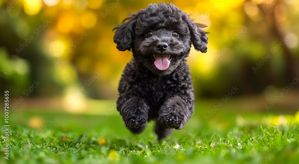 A black poodle is running in a grassy field. The dog is happy and energetic, with its tongue hanging out. The scene is lively and joyful, capturing the essence of a playful A black poodle is running in a grassy field. The dog is happy and energetic, with its tongue hanging out. The scene is lively and joyful, capturing the essence of a playful