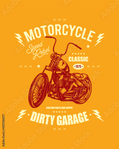 T-shirt or poster design with an illustration of an old motorcycle. Original vector illustration in vintage style.