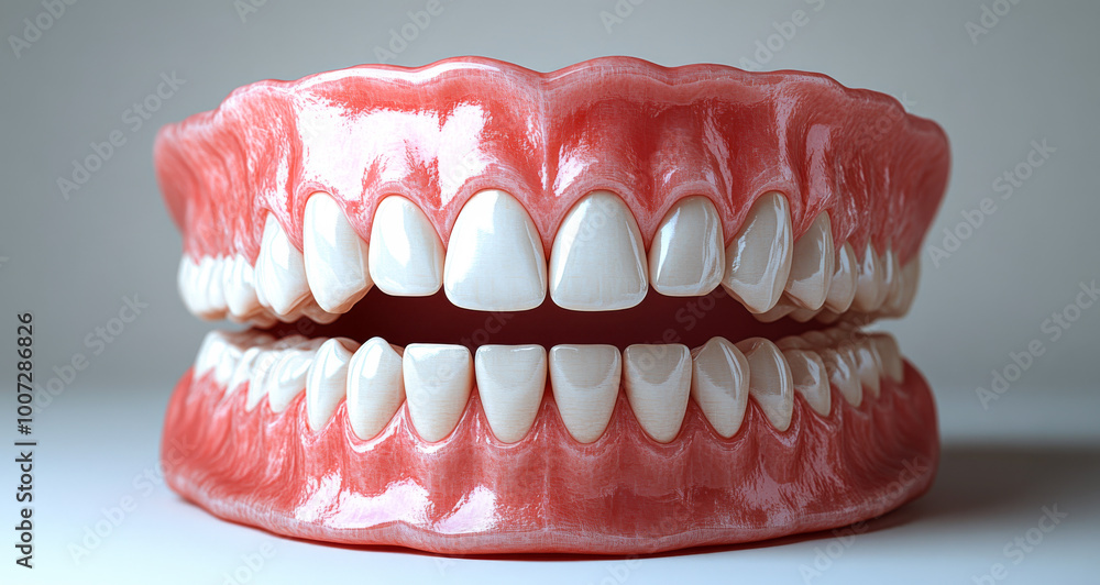 Obraz premium A close up of a fake tooth with a pinkish hue. The tooth is white and has a pinkish tint to it