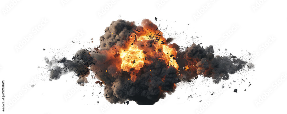 A massive fireball explosion with thick black smoke rising above. A massive fireball explosion with thick black smoke rising above.