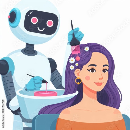 Robot dyes woman hair toning hairdresser, AI