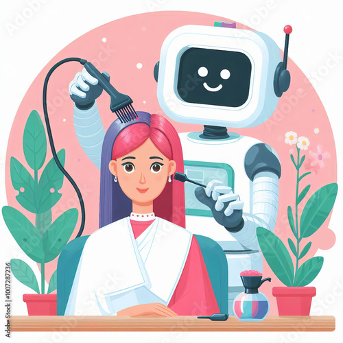 Robot dyes woman hair toning hairdresser, AI