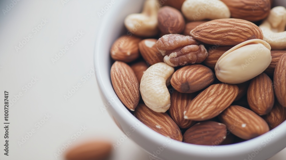A variety of mixed nuts in a white bowl on a light surface ready for snacking and healthy eating at home A variety of mixed nuts in a white bowl on a light surface ready for snacking and healthy eating at home